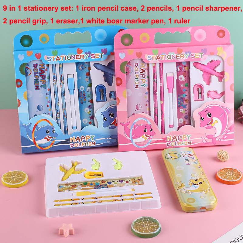 9 in 1 stationery set iron metal pencil case pencil sharpener cute eraser colorful wood pencil with grip stationery for kids