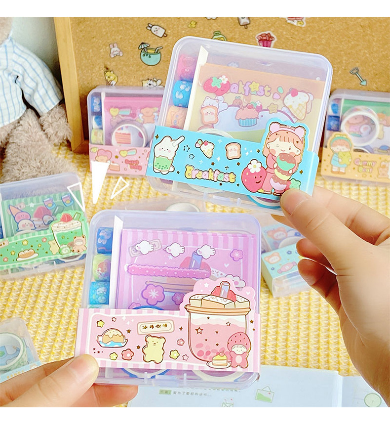 Cartoon journal memo notes sticky tape school stationery set teenage girl cute sticky tape memo set in plastic box