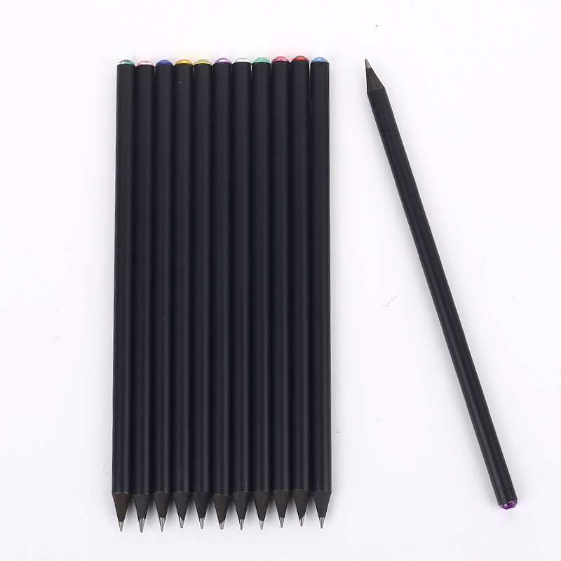 Custom LOGO Black Wood Pencil Hotel Office School Black Pencils with 12 Colors Acrylic Diamond on Top