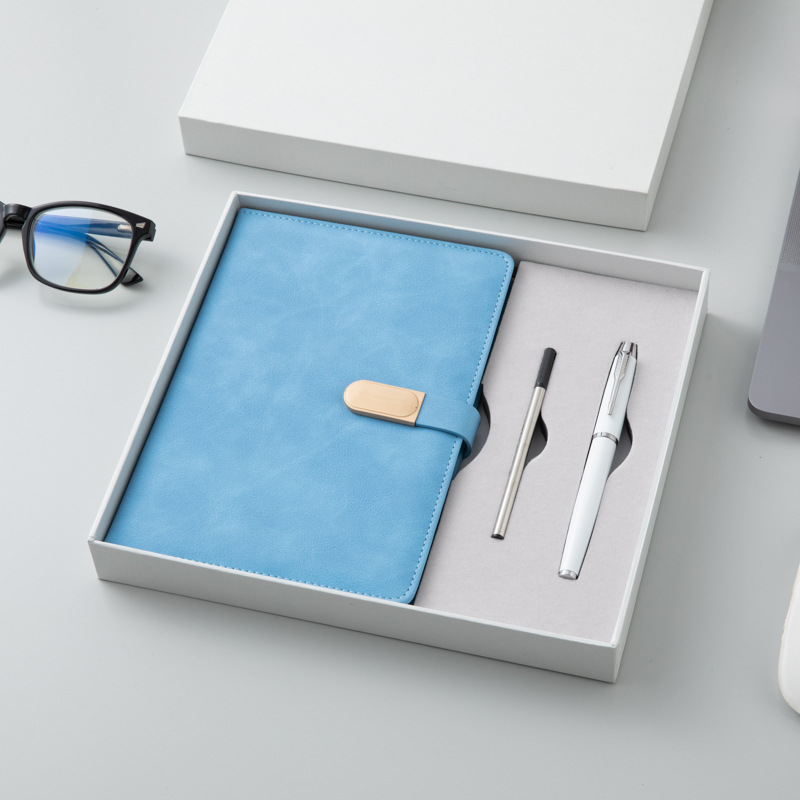 Simple fresh blue A5 Notebook and signature pen set business notebook office meeting gift box printing logo