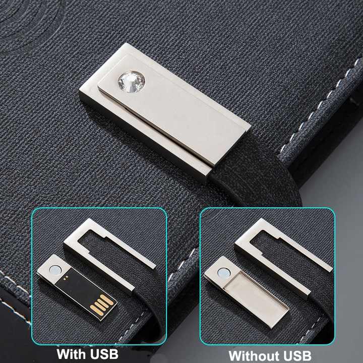 A5 PU leather cover power bank notebook wireless charging diary custom Logo powerbank notebook with USB LED light Logo and