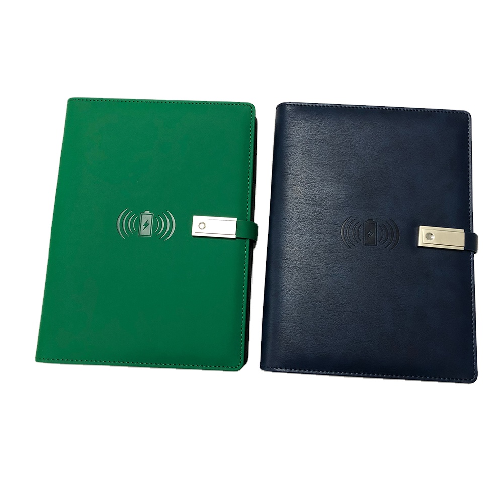Africa Nigeria hot sale power bank notebook wireless charging green leather cover notebook with powerbank and USB