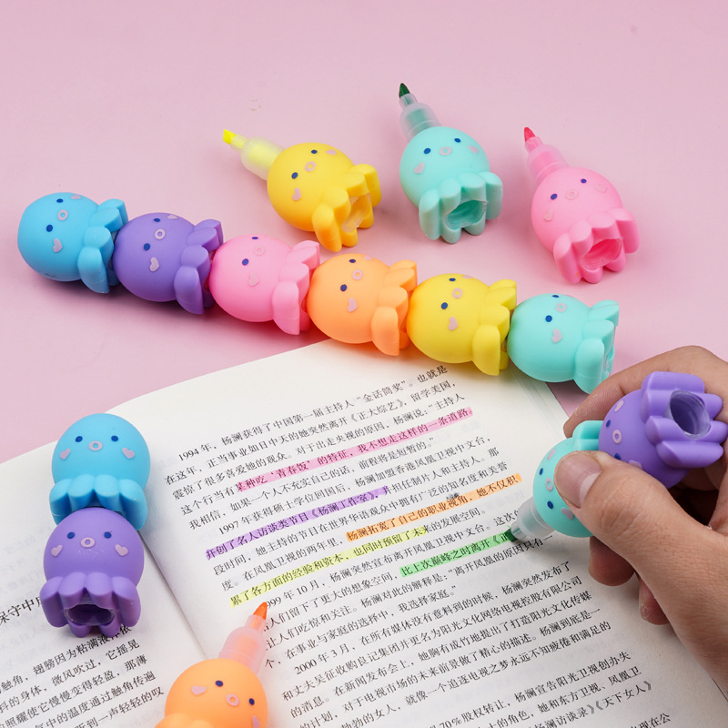 Kawaii octopus highlighter pen set wholesale PDQ display box multiple colors highlighter pens for kids students