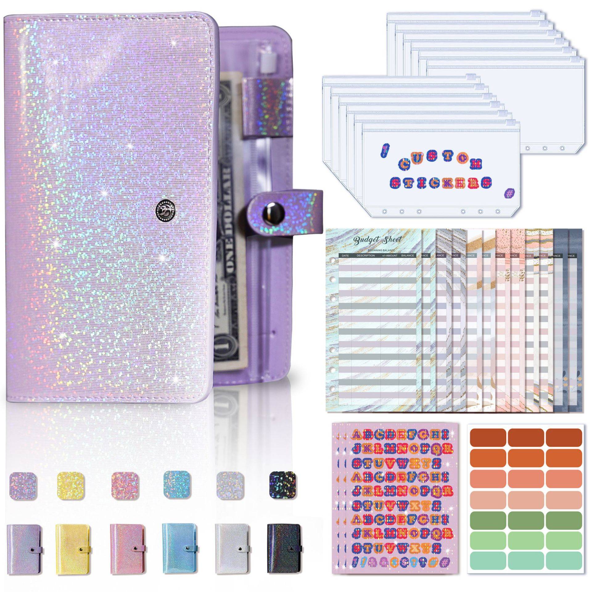 Ins Etsy FB TK Best Seller A6 Ring Budget Binder Wallet Glitter Cover Notebook with Button as Money Planner